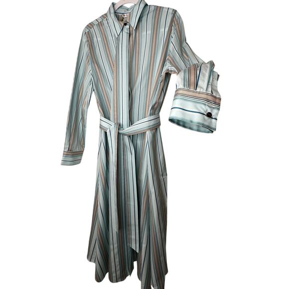 NWT Loro Piana Teal White Brown Stripe Front Button Tie Sash Wrap Dress XL